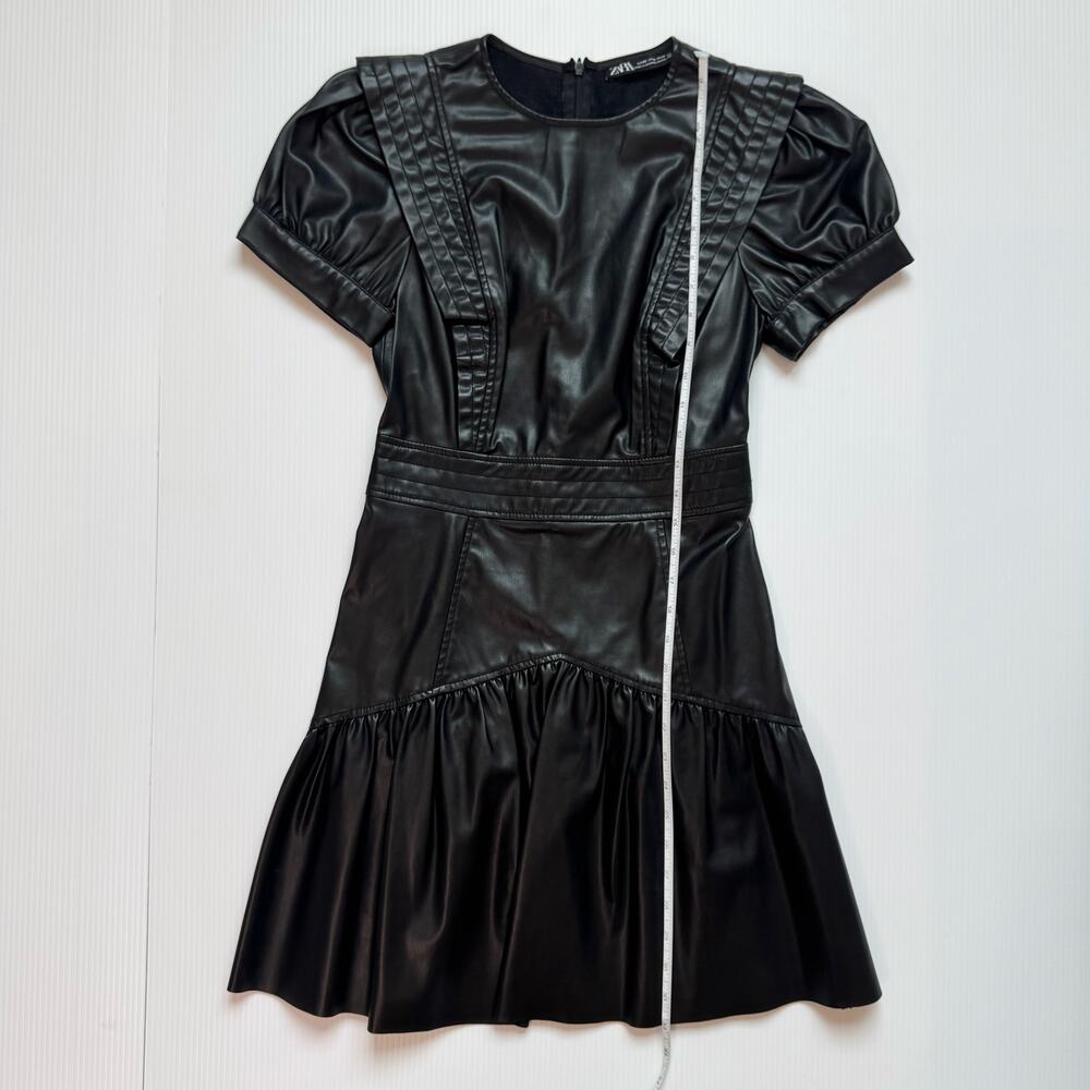 Zara Faux Leather Mini Dress Black Women's XS Ruffle Puff Flounce Hem Coquette - Picture 12 of 16